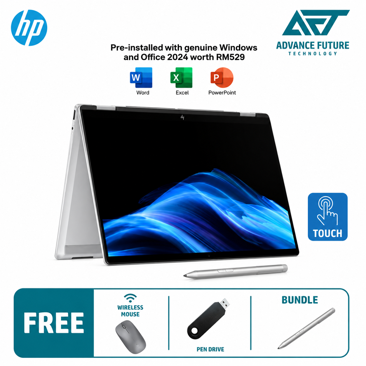HP OmniBook X Flip 14-fk0046AU 14'' 2K AI Touch 2-In-1 Laptop Glacier Silver ( AMD Ryzen AI 5 340, 16GB, 512GB SSD, ATI, W11, H&S 2024&M365 )