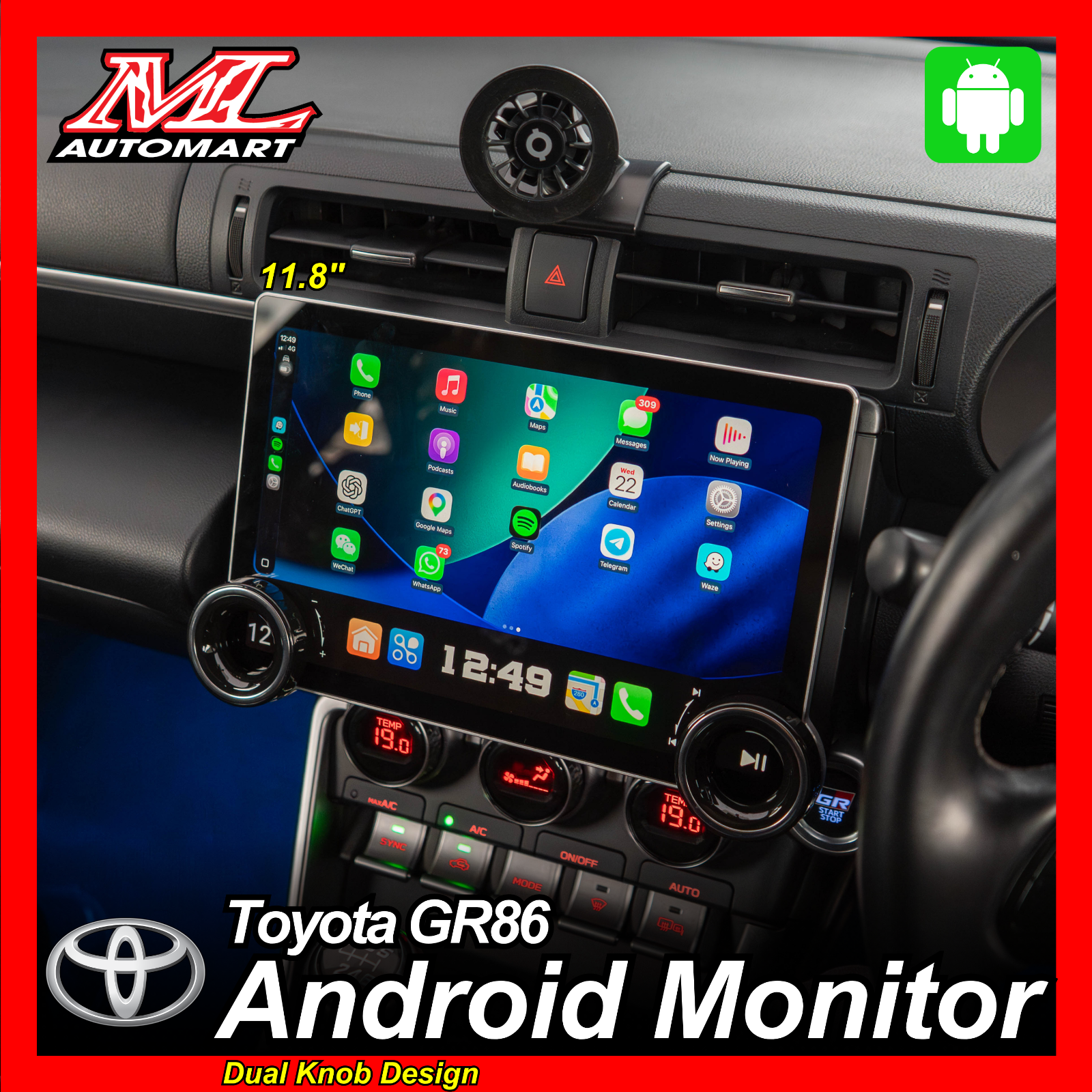Toyota GR86 Dual Knob Design Android Monitor (11.8")