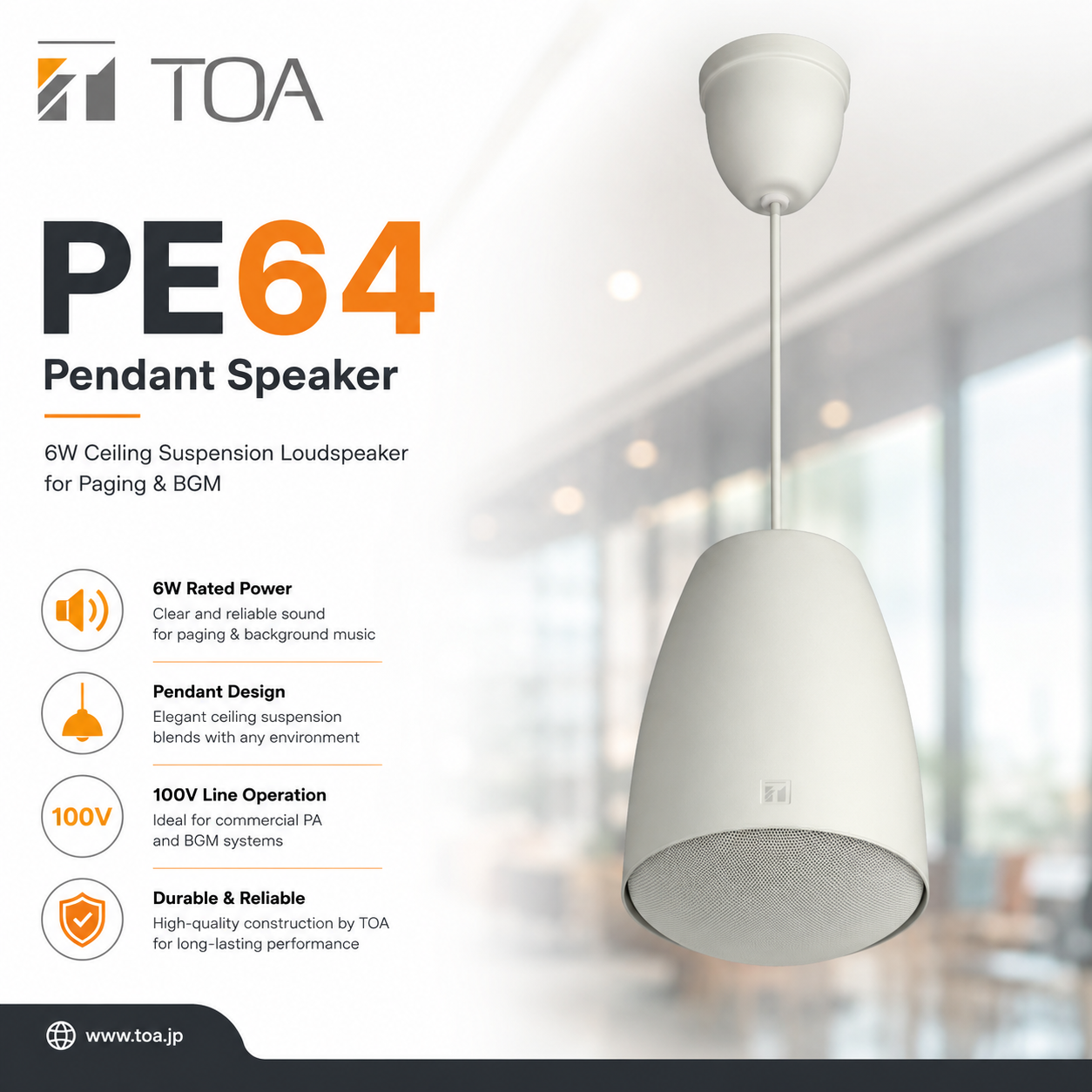 🔊 TOA PE64 Pendant Speaker – 6W Ceiling Suspension Loudspeaker for Paging & BGM