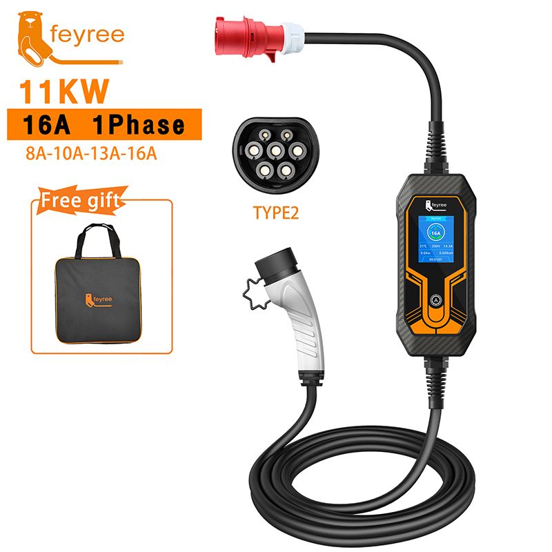 Feyree Portable EV Charger 11kW (CEE Plug, Without App Control) Type 2 Portable AC Charger compatible with all EVs