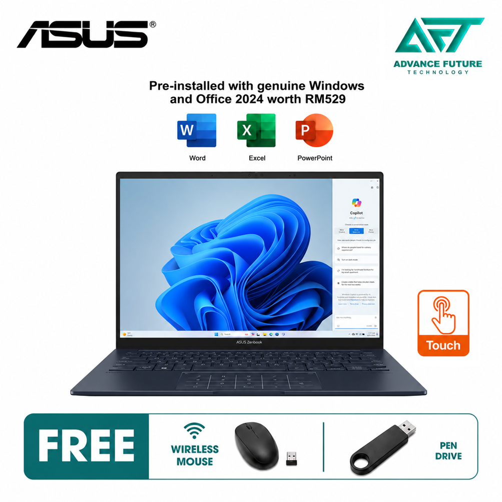 Asus Zenbook 14 OLED UX3405C-AQL248WS 14" WUXGA Touch Laptop Ponder Blue ( Intel Core Ultra 5-225H, 16GB, 512GB SSD, Intel, W11, H&S 2024+M365 )