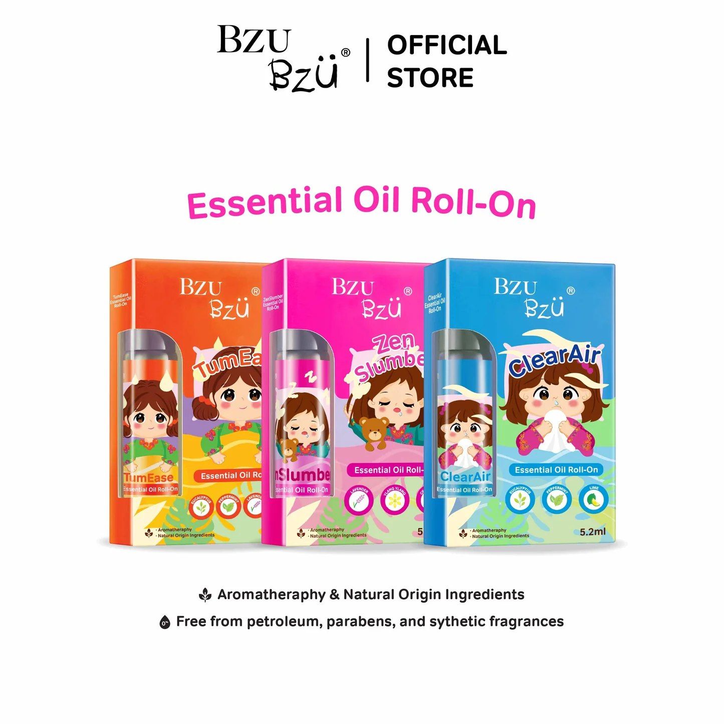 Bzu Essential Oil Roll ON 5.2ml (Clear Air / Tum / Zen Slumber)