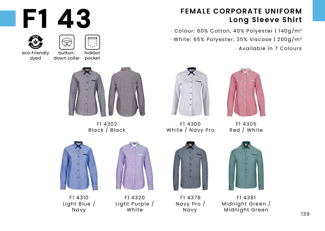 F1 43 Female Corporate Uniform Long Sleeve Shirt | Premium Cotton Blend Office Uniform