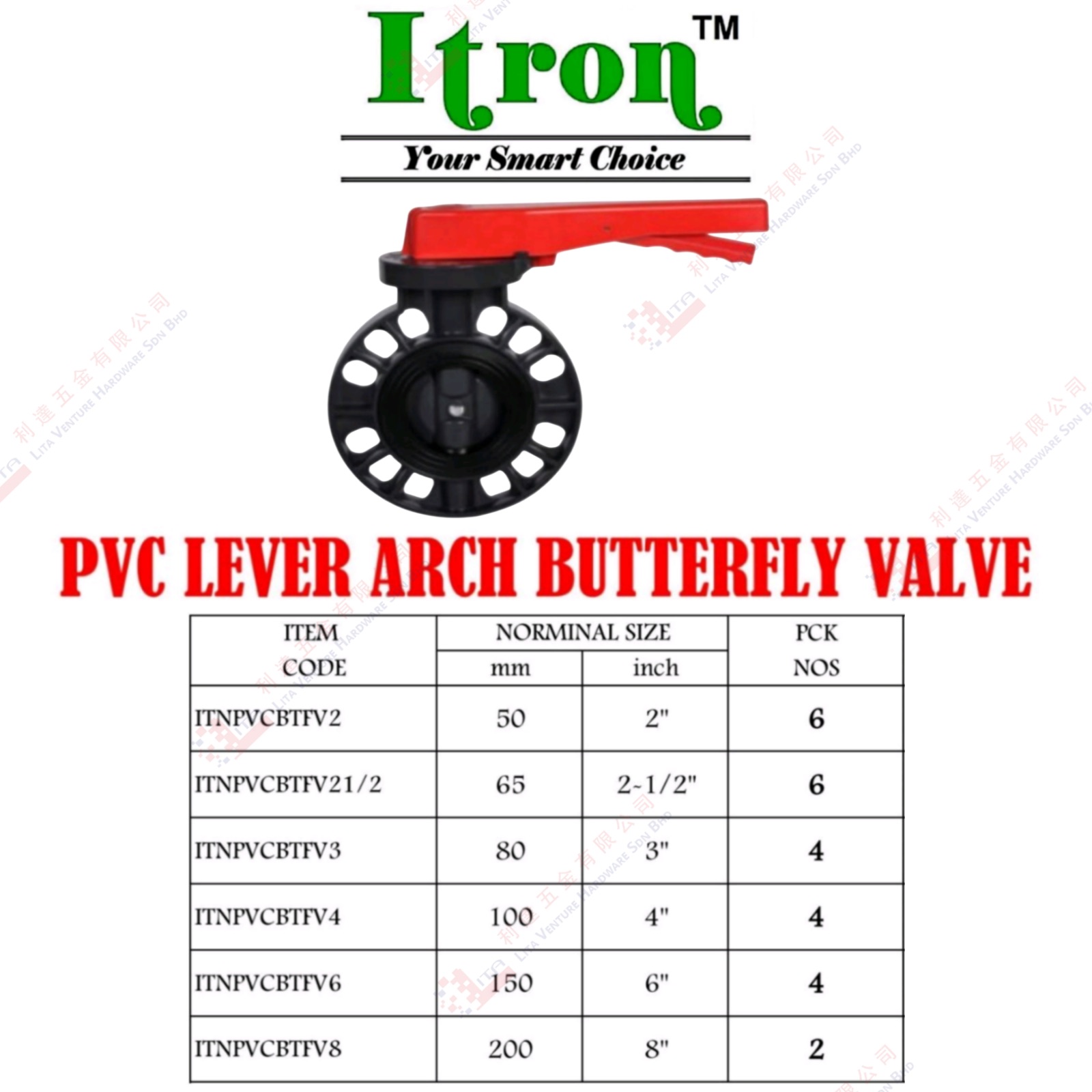 ITRON BRAND PVC LEVER ARCH BUTTERFLY VALVE - ITNPVCBTFV2 ITNPVCBTFV212 ITNPVCBTFV3 ITNPVCBTFV4 ITNPVCBTFV6 ITNPVCBTFV8