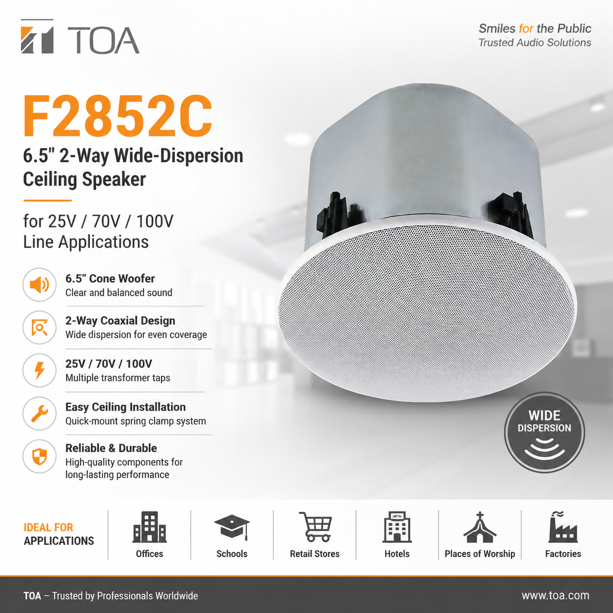 TOA F2852C – 6.5" 2-Way Wide-Dispersion Ceiling Speaker for 25V / 70V / 100V Line Applications