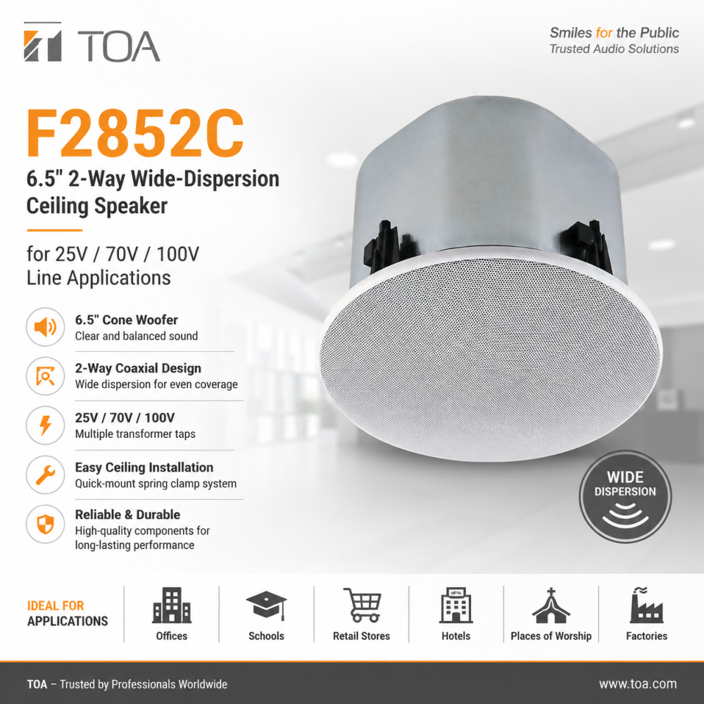 TOA F2852C – 6.5" 2-Way Wide-Dispersion Ceiling Speaker for 25V / 70V / 100V Line Applications