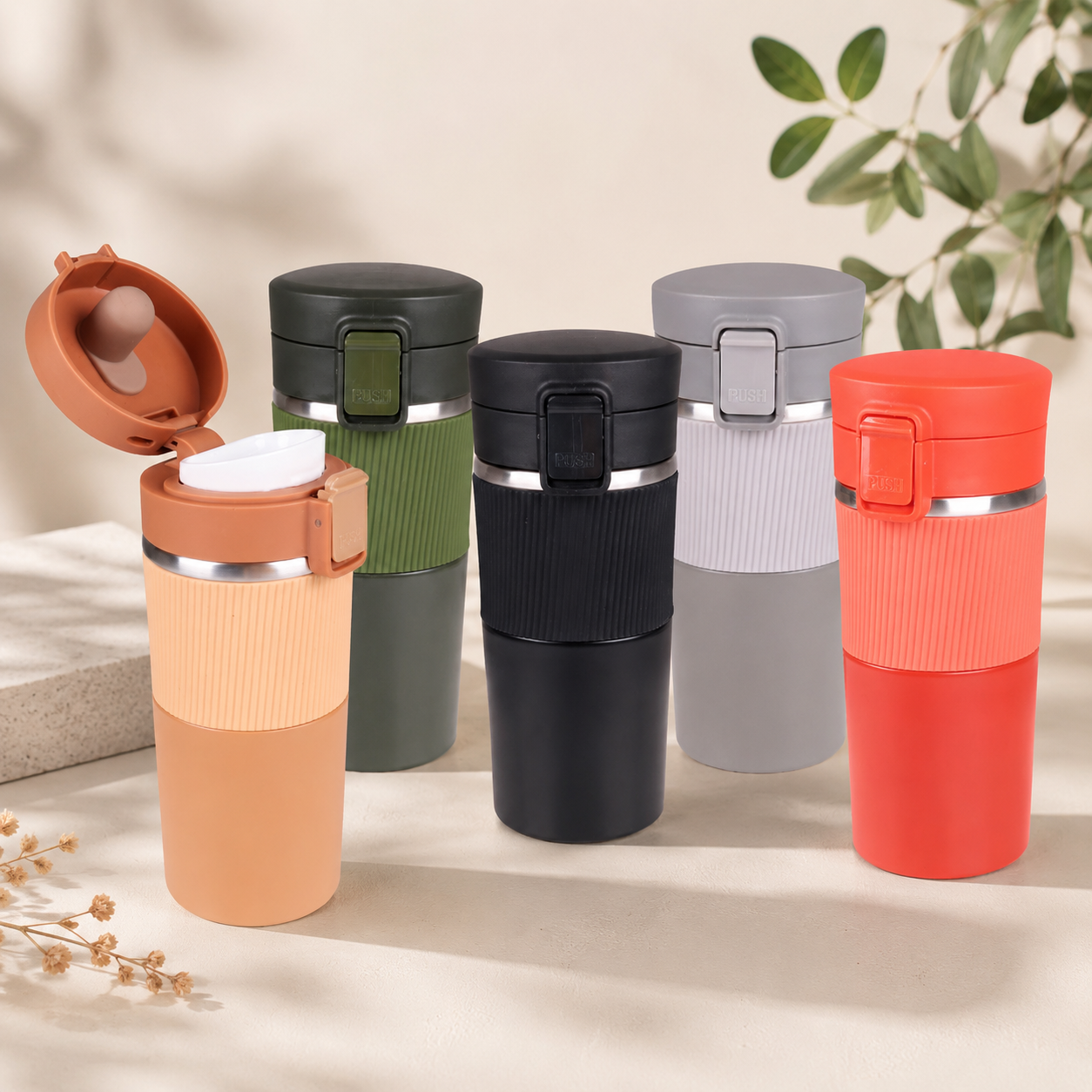 Premium One-Touch Insulated Coffee Tumbler with Anti-Slip Grip