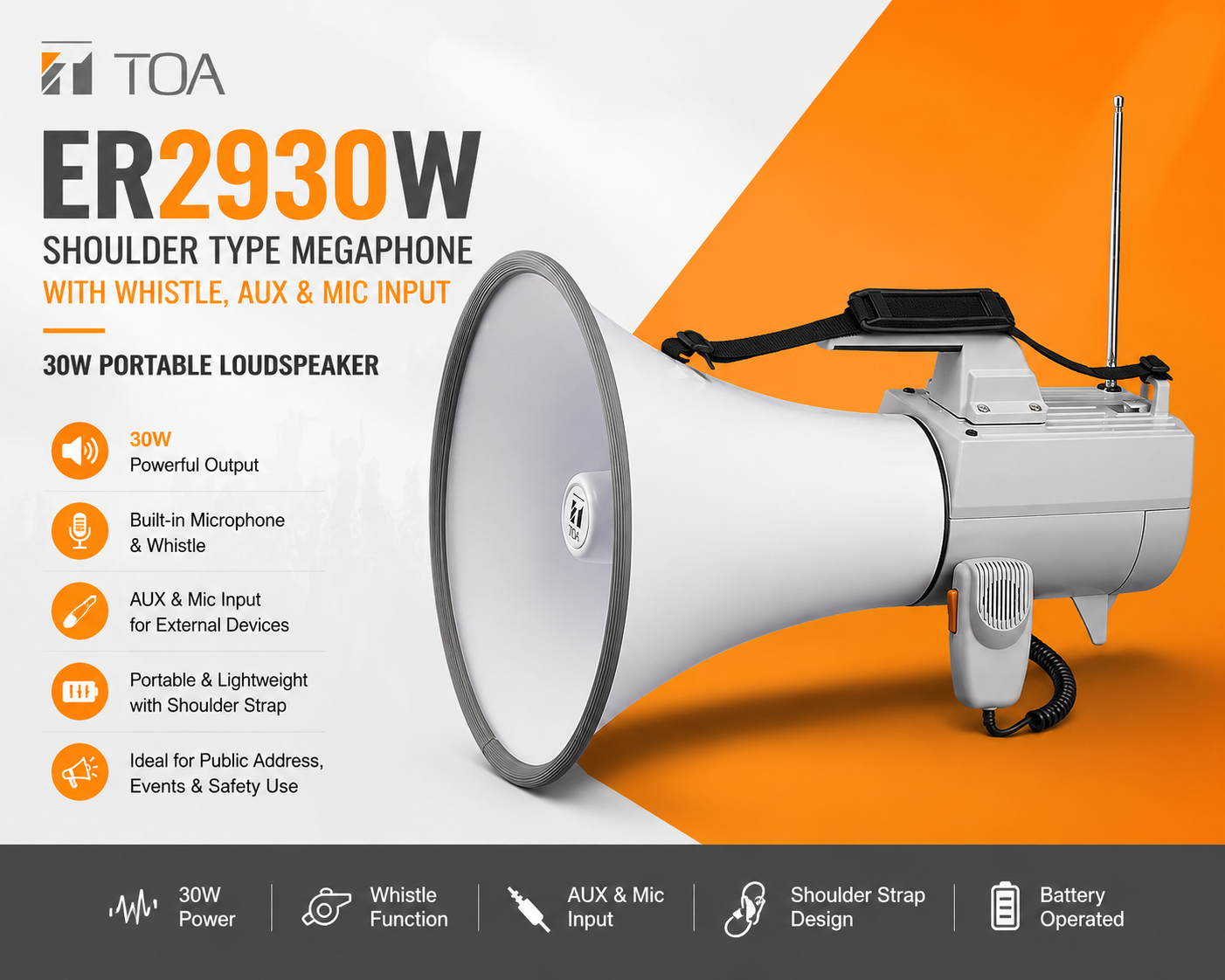 TOA ER2930W Shoulder Type Megaphone with Whistle, AUX & Mic Input – 30W Portable Loudspeaker