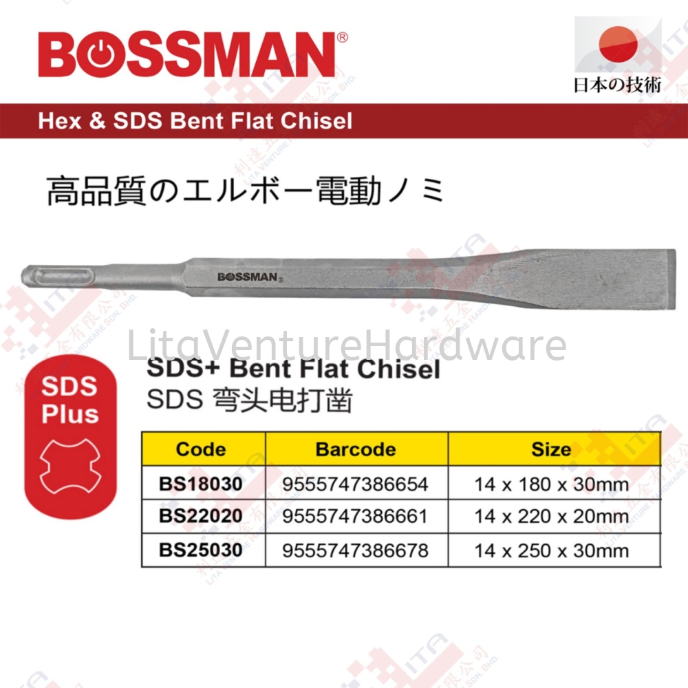 BOSSMAN BRAND HEX & SDS BENT FLAT CHISEL - BS18030 BS22020 BS25030
