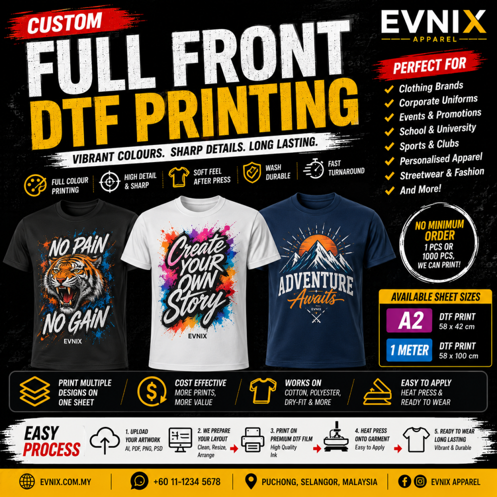 Full Front DTF Printing Malaysia | Custom Front T-Shirt Printing