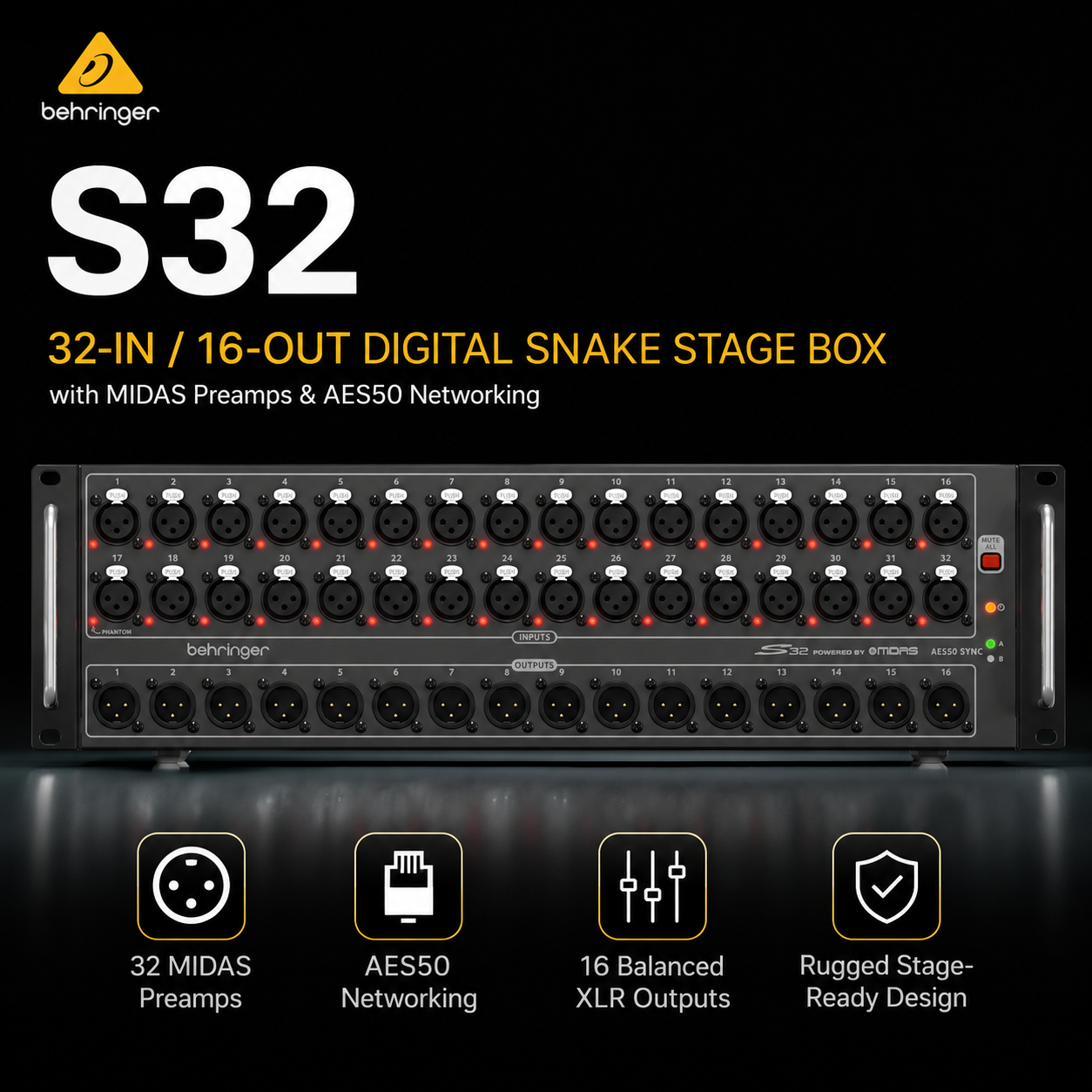 Behringer S32 – 32-In/16-Out Digital Snake Stage Box with MIDAS Preamps & AES50 Networking