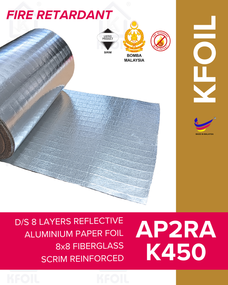 (AP2RA K450) Fire Retardant D/S 8 Layers Reflective Aluminium Paper Foil, 8x8 Fiberglass Scrim Reinforced (W1.25m)