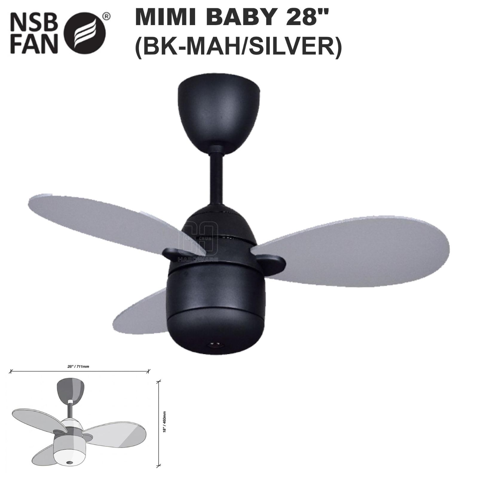NSB MIMI BABY CEILING FAN 28" BK-MAH/SILVER