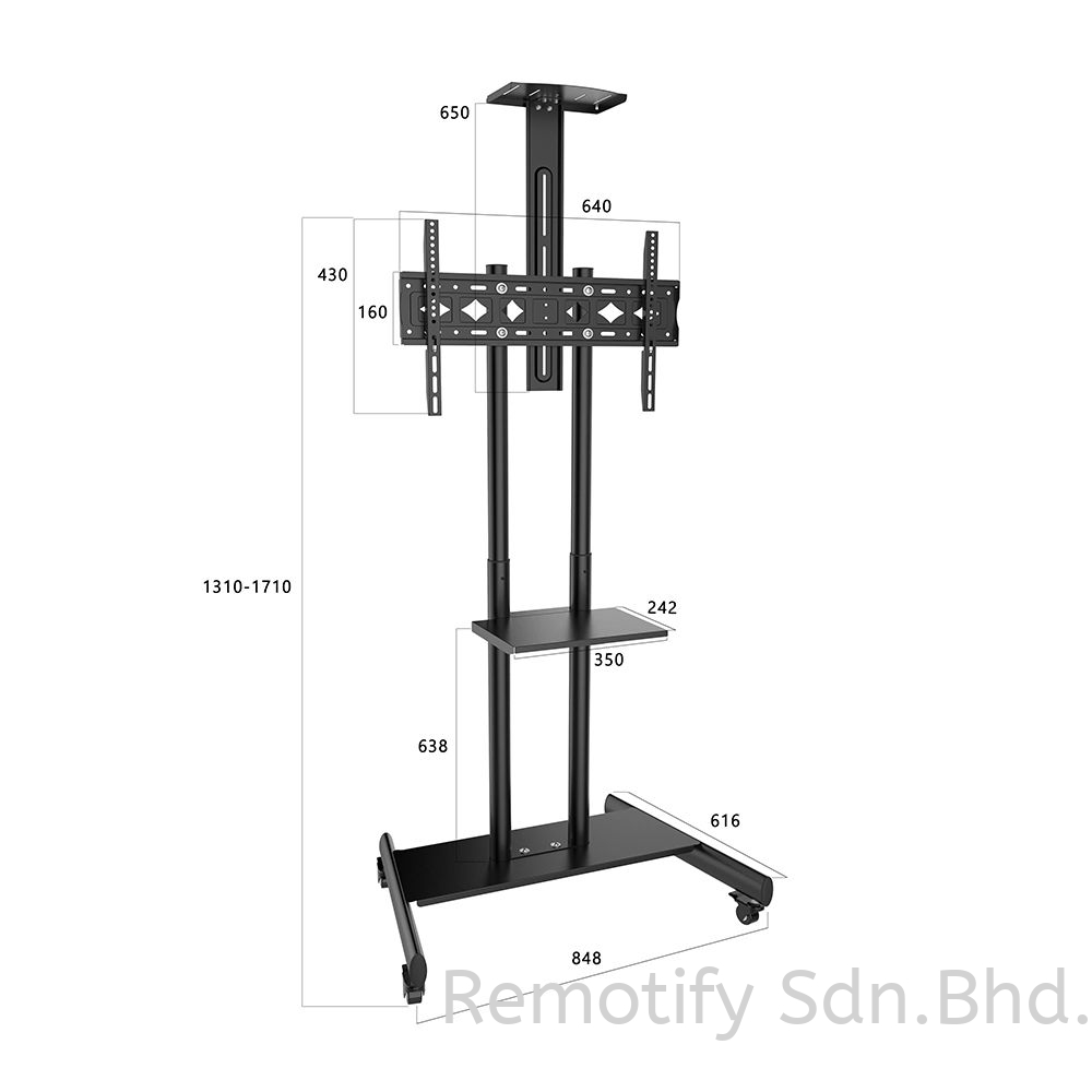 Y610 Mobile TV Cart on Wheels for 32"-65" TVs | Universal Rolling TV Stand | VESA 600x400mm | Heavy Duty 50kg