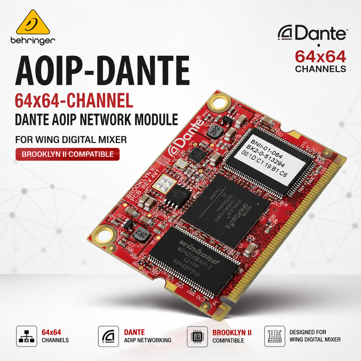 Behringer AOIP-DANTE – Modul Rangkaian Dante AoIP 64x64-Saluran untuk Mixer Digital WING (Serasi dengan Brooklyn II)