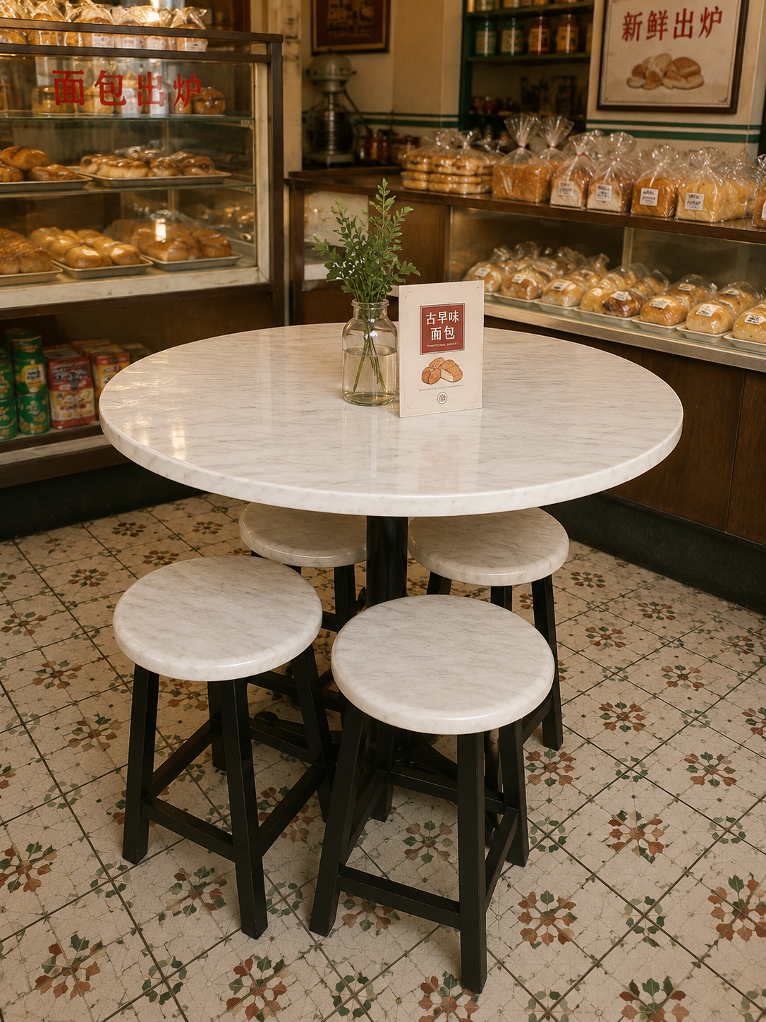 Round Table with Rocket Leg + Wooden Stool Set (Marble Light)