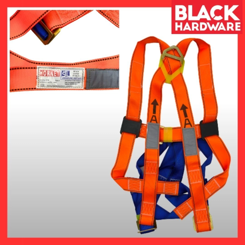 Black Hardware HORNET Safety Harness Full Body Harness Double Lanyard Scaffolding Belt Sirim Protection Hook Hardness D Hook Big Size Industrial Back Waist Support Belt Scaffolding Outdoorlanyard