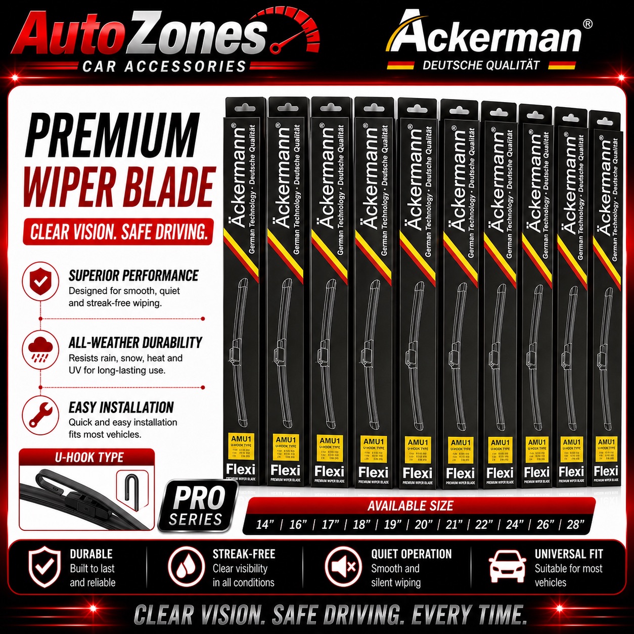 WIPER ACKERMANN German Technology XILCOAT Formula Silicone Wiper Blade | Quiet & Smooth Performance | Weather-Pro Durable Windscreen Wiper | Front & Rear Wiper for All Vehicle Models