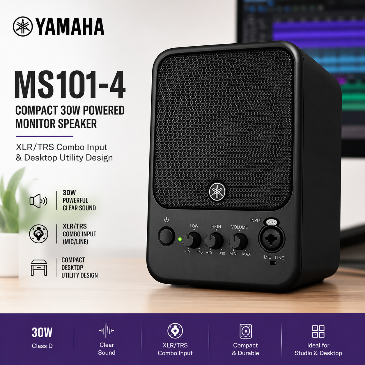 Yamaha MS101-4 – Pembesar Suara Monitor Berkuasa 30W Kompak dengan Input Combo XLR/TRS & Reka Bentuk Utiliti Desktop