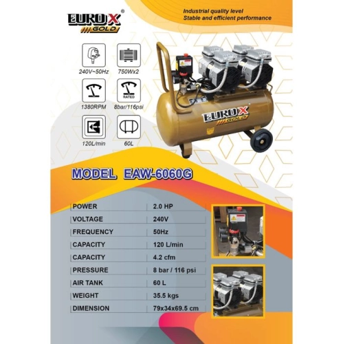 Eurox Europower EAW6060G SILENT OIL FREE Oilless & Silent Type Air Compressor 60litre 2HP