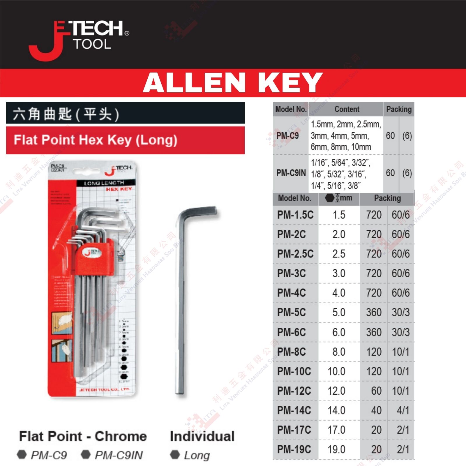 JE TECH BRAND FLAT POINT HEX KEY - PMC9 PMC9IN LONG