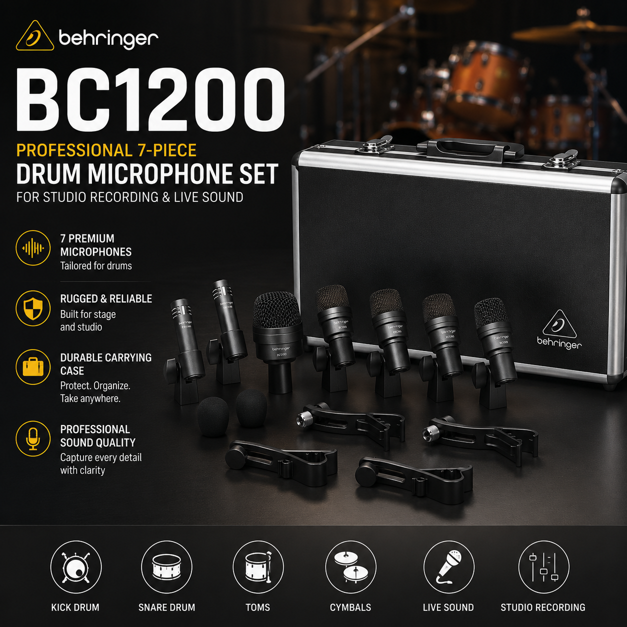 Behringer BC1200 – Set Mikrofon Dram 7-Dalam-1 Profesional untuk Rakaman Studio & Persembahan Langsung