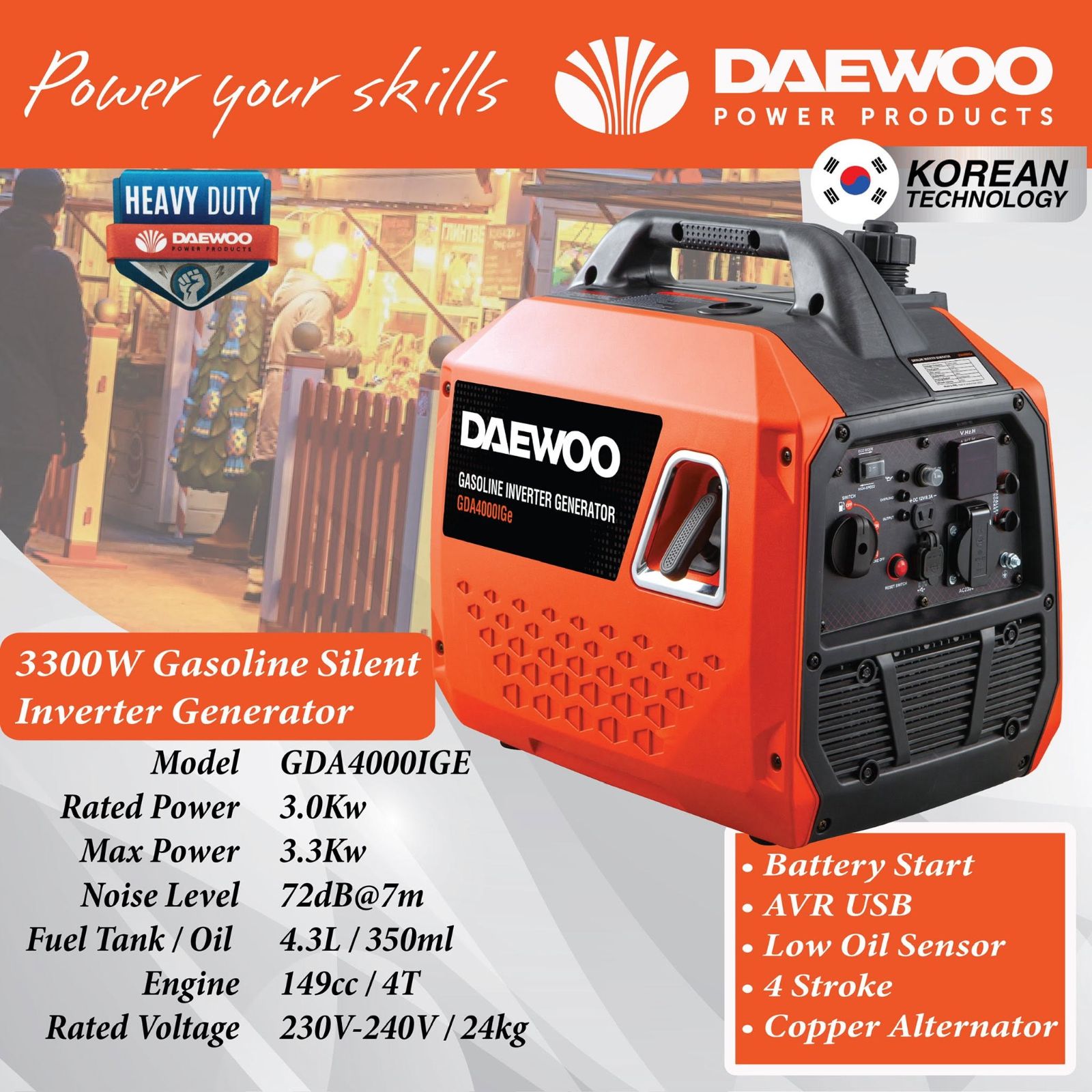 DAEWOO GDA4000IGE Gasoline Inverter Silent Generator 3300W 1Phase