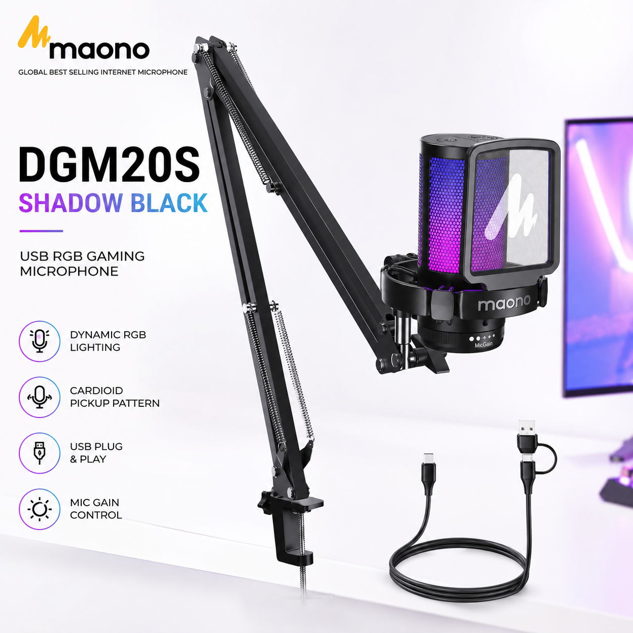 Maono DGM20S 黑色影子版 – USB RGB游戏麦克风