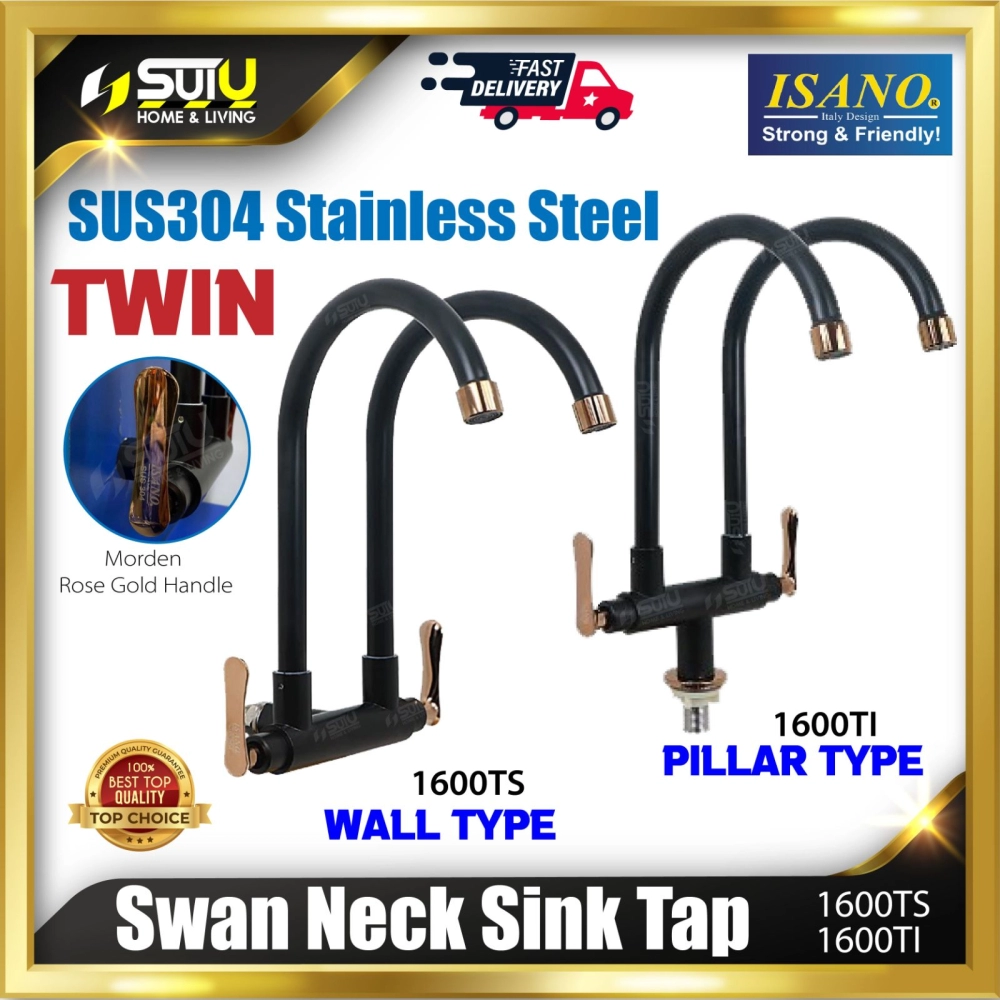 ISANO 1600TS / 1600TI SUS304 Stainless Steel Wall / Pillar Type Twin Swan Neck Sink Tap