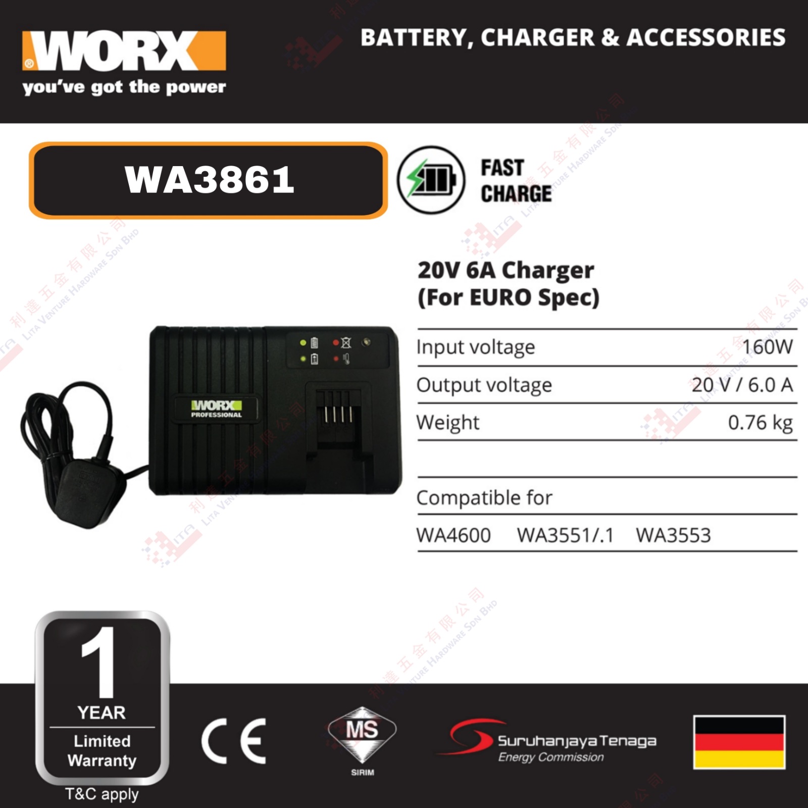 WORX BRAND 20V 6A CHARGER - WA3861