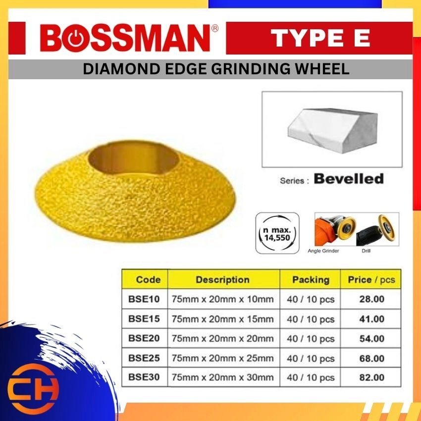 BOSSMAN GRINDING WHEEL BSE10/ BSE15/ BSE20/ BSE25/ BSE30 DIAMOND EDGE GRINDING WHEEL ( FOR STONE ) TYPE E