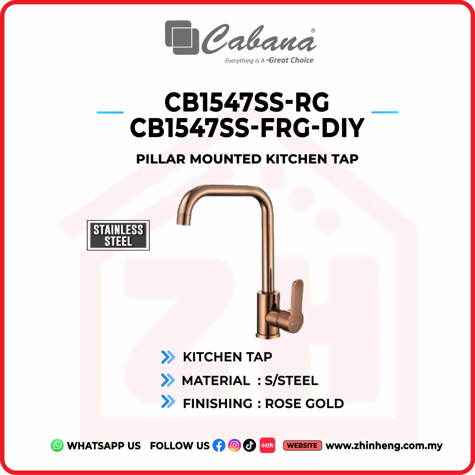 CABANA Pillar Mounted Kitchen Tap CB1547SS-RG & CB1547SS-FRG-DIY