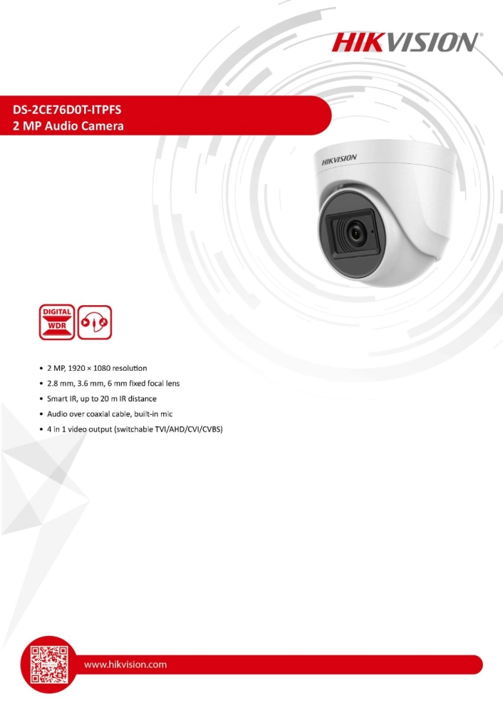 HIKVISION 2MP Dome Camera (DS-2CE76D0T-ITPFS) 2MP 3.6mm Built-in Mic Turbo HD Audio Dome