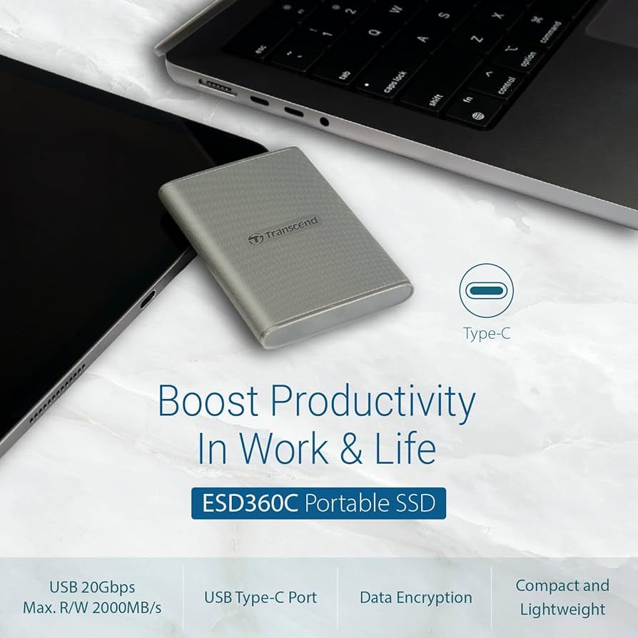 Transcend ESD360C Portable SSD (USB 20Gbps) - Read / Write speed up to 2,000MB/s, one-touch auto-backup, 5Y