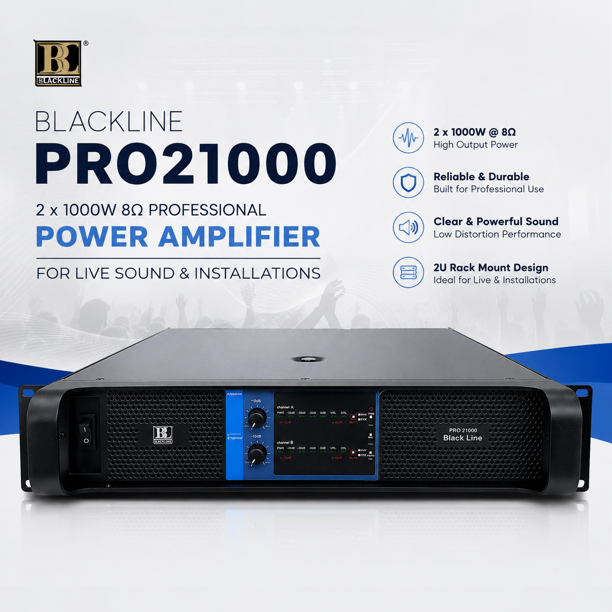 Blackline PRO21000 – Penguat Kuasa Profesional 2 x 1000W 8Ω untuk Bunyi Langsung & Pemasangan