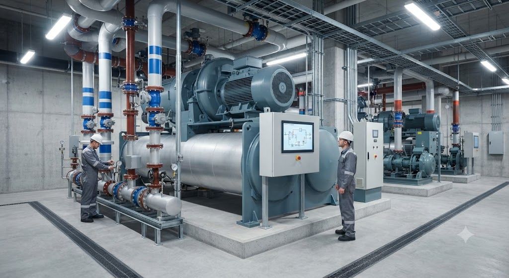 Data center centrifugal water chiller setup