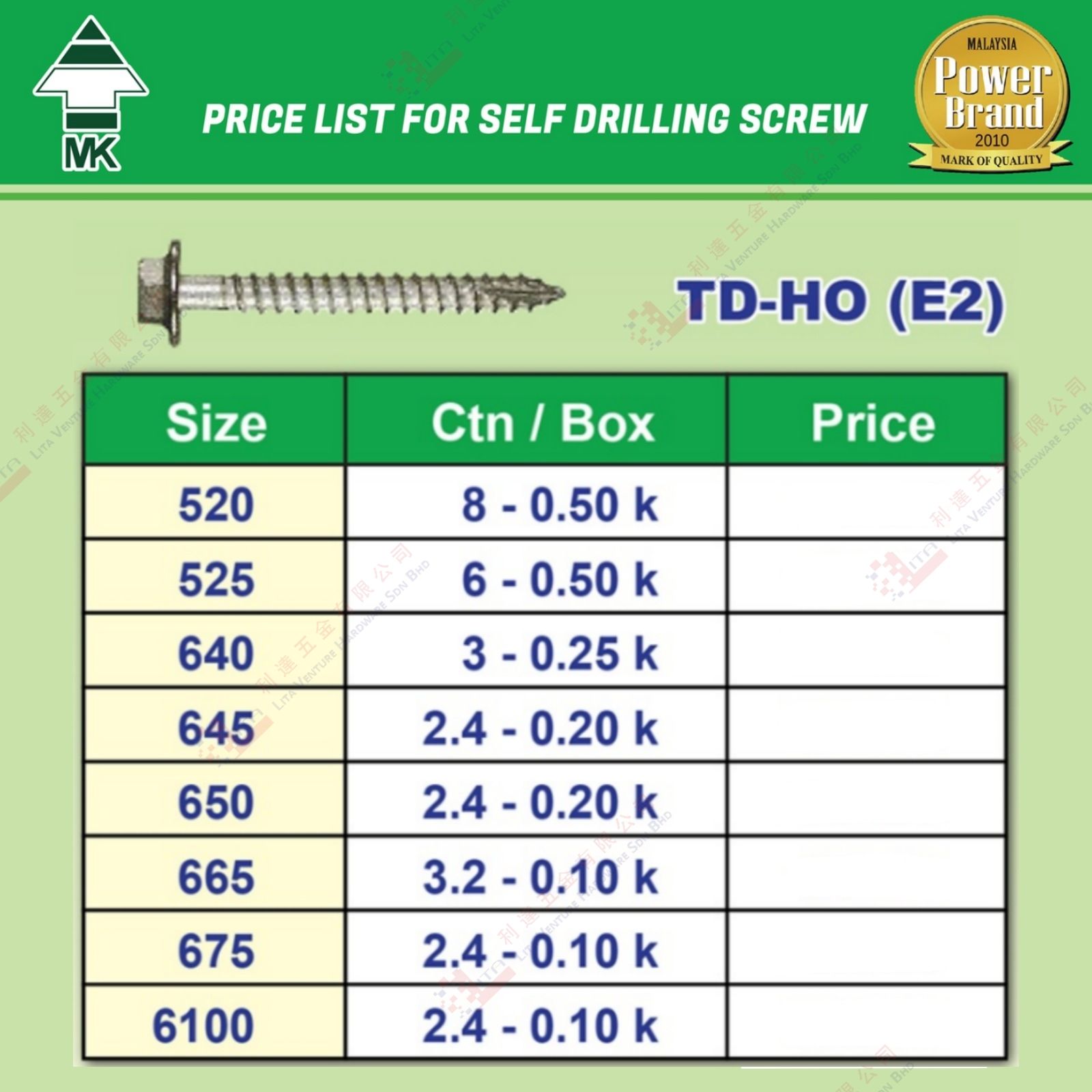 MK BRAND SELF DRILLING SCREW - TDHOE2