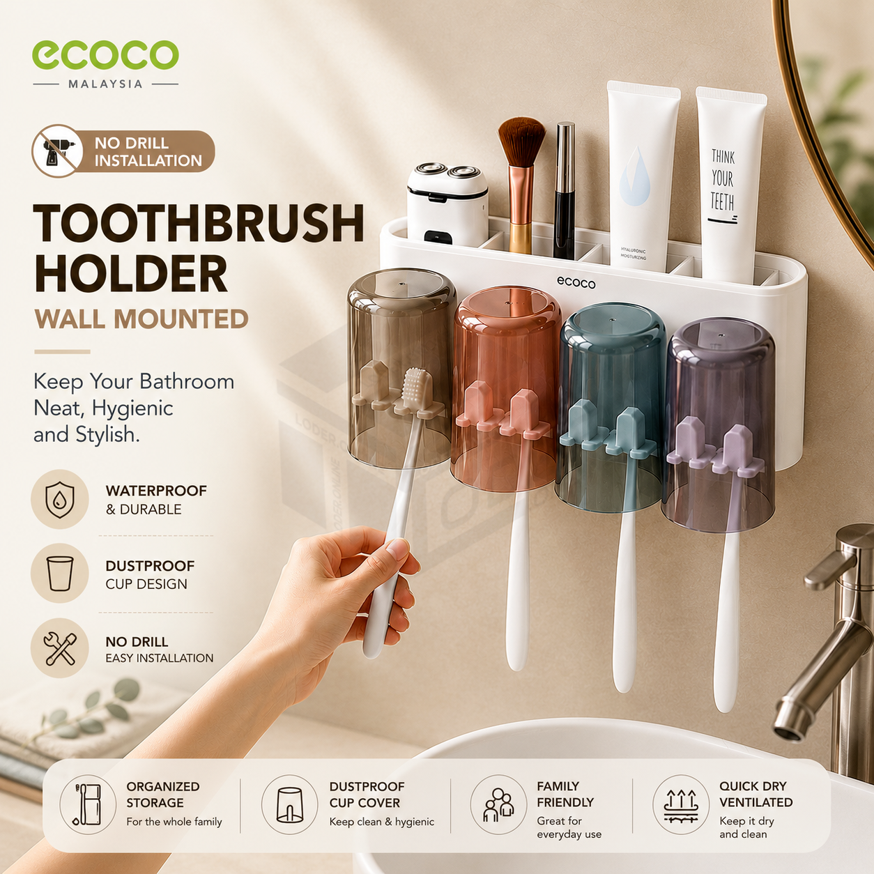 LODER ECOCO Toothbrush Holder Wall Mount Bathroom Accessories Set for Couple and Family Toothbrush Multipurpose Holder