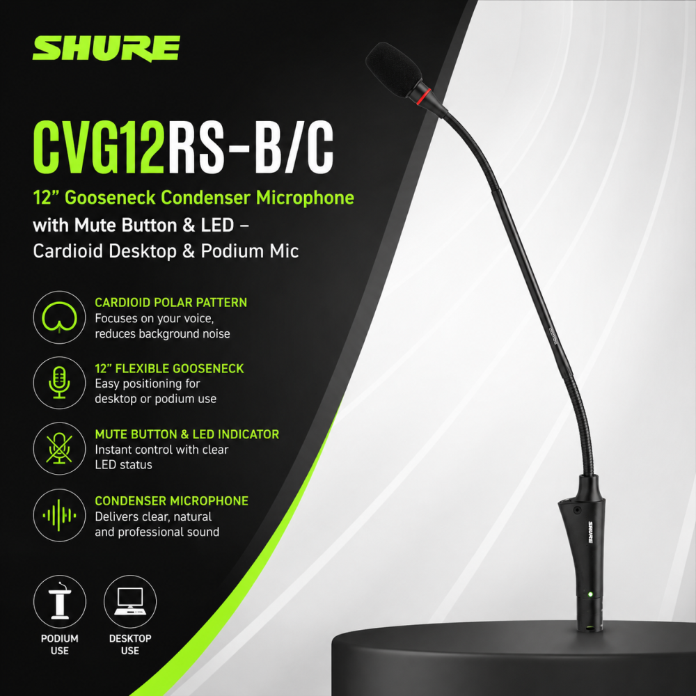 Shure CVG12RS-B/C 12â Gooseneck Condenser Microphone with Mute Button & LED â Cardioid Desktop & Podium Mic