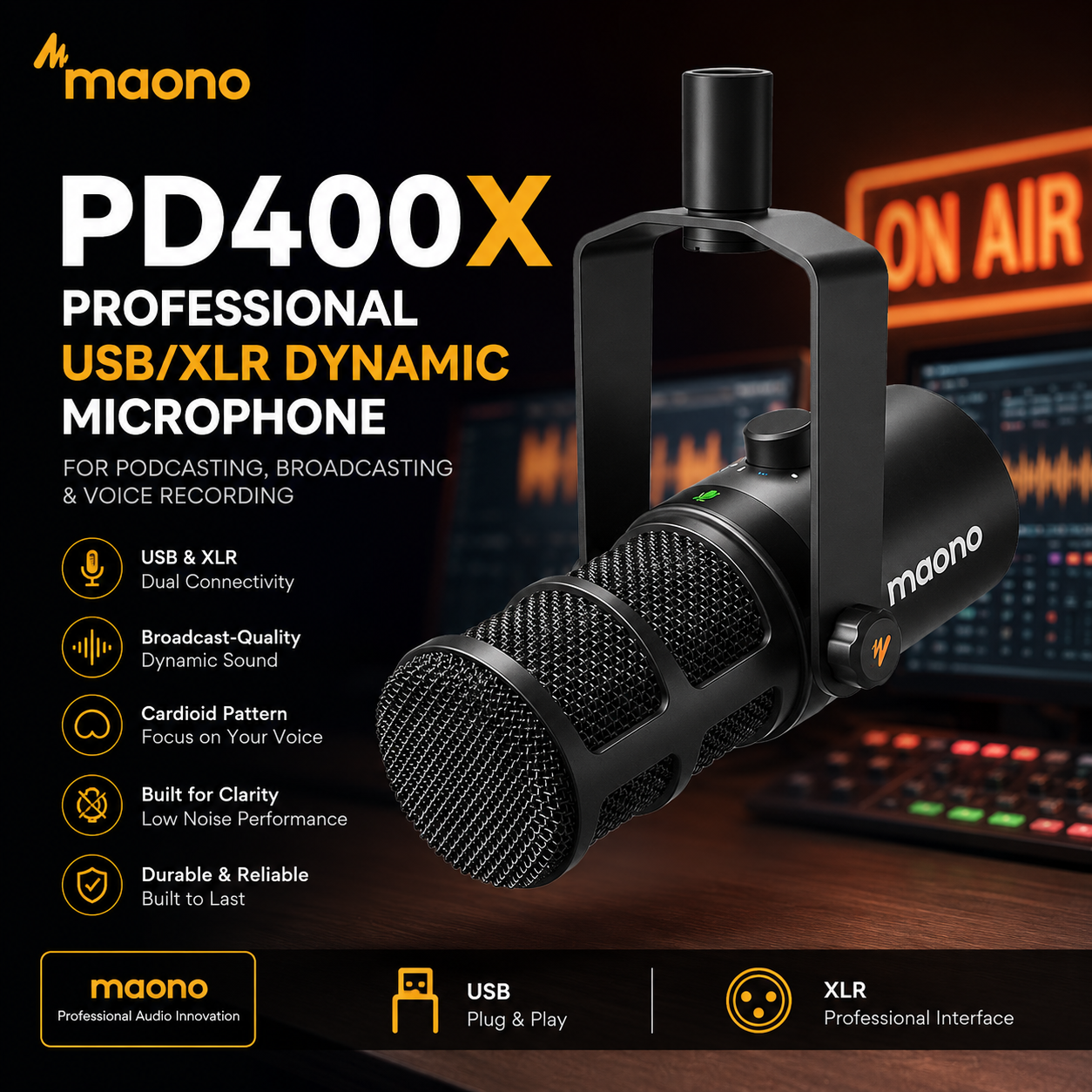 Maono PD400X – Professional USB/XLR Dynamic Microphone for Podcasting, Broadcasting & Voice Recording