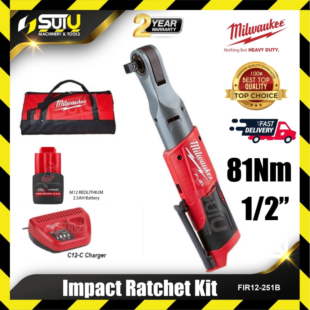 MILWAUKEE M12 FIR12-251B Compact Impact Ratchet 1/2" c/w Battery & Charger & Tools Bag