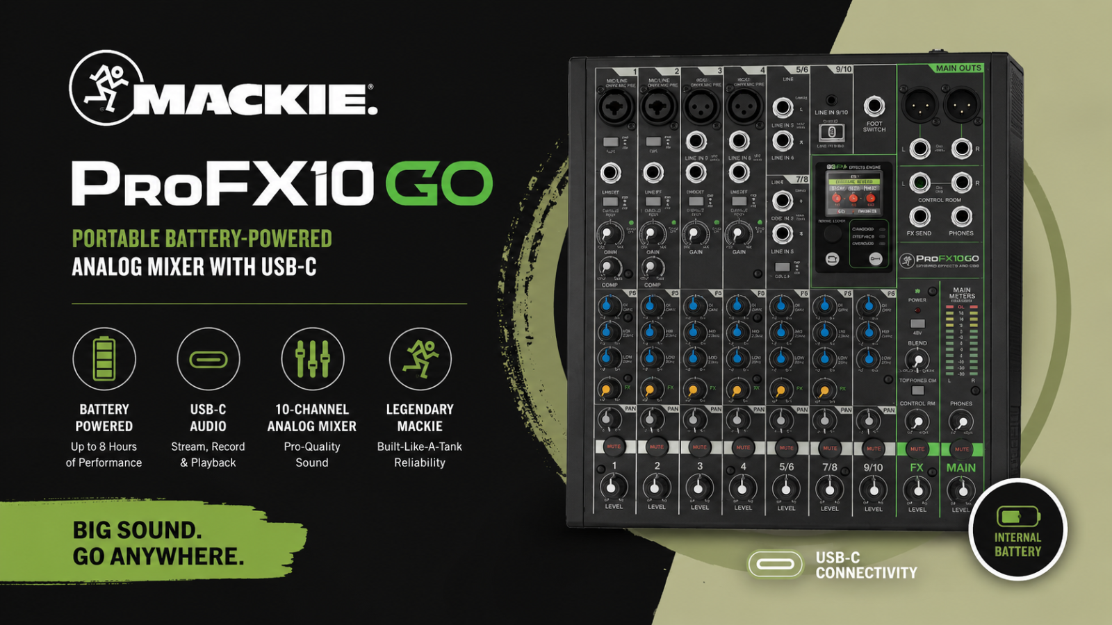 Mackie ProFX10 GO Pengadun Analog Mudah Alih Berkuasa Bateri dengan USB-C