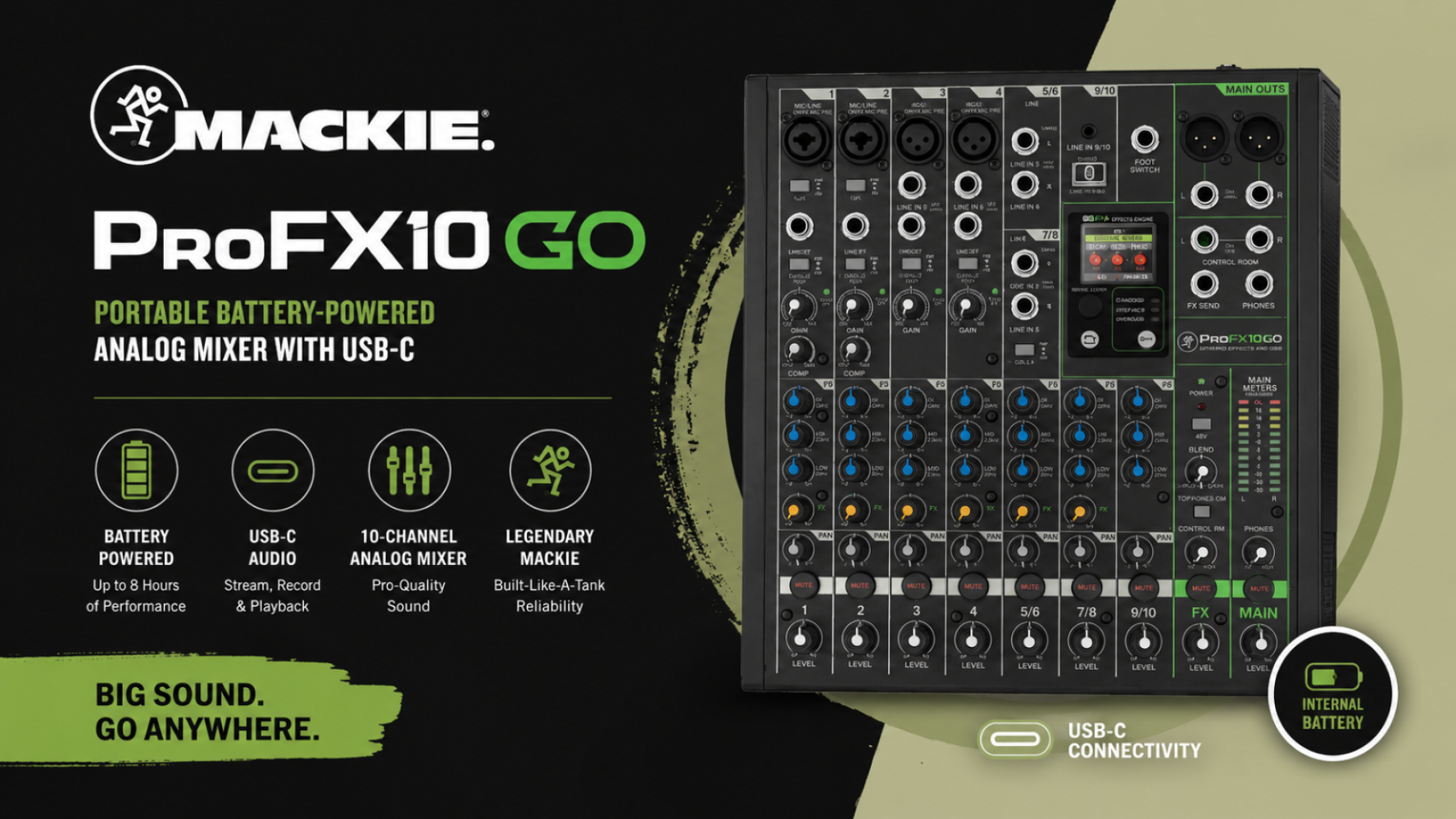Mackie ProFX10 GO Portable Battery-Powered Analog Mixer with USB-C