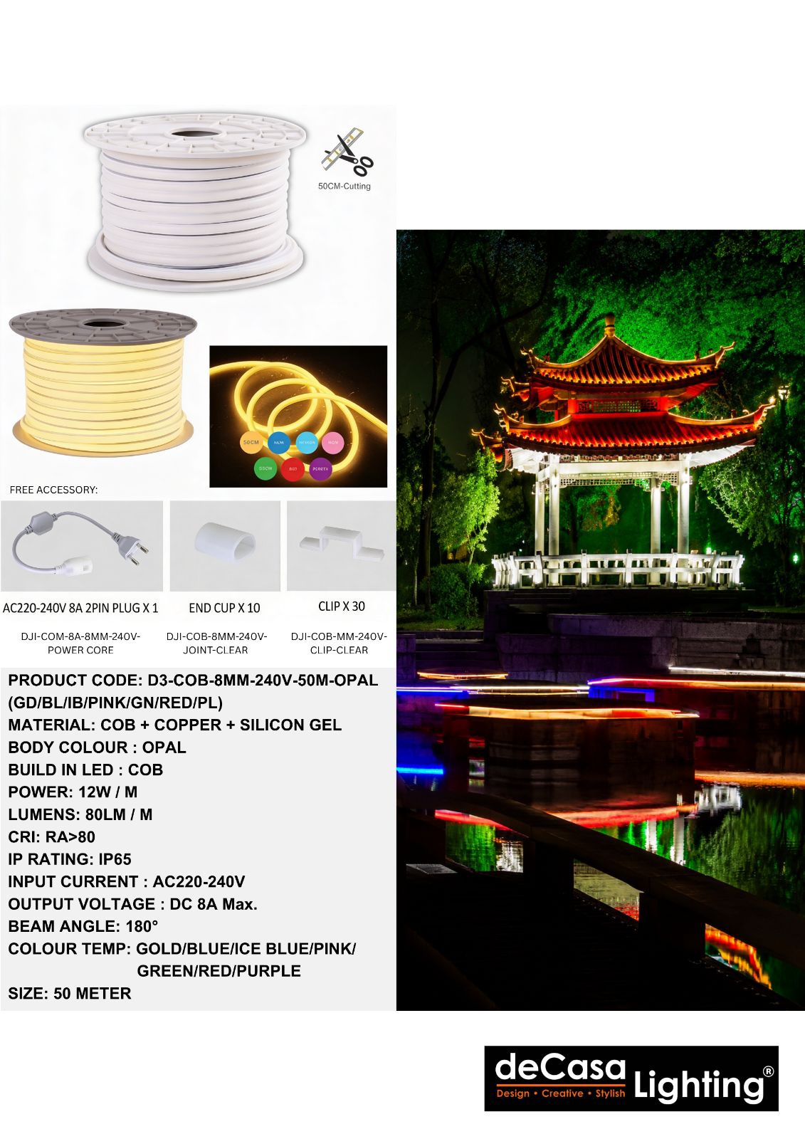 (240V) LED STRIP LIGHT (D3-COB-8MM-240V-50M-OPAL(GD/BL/IB/PINK/GN/RED/PL)