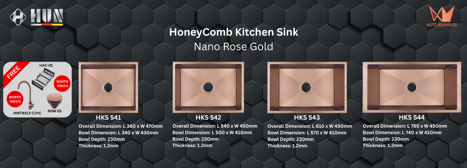 HUN - HoneyComb Kitchen Sink Single Bowl Package (Nano Rose Gold) | HKS 541, HKS 542, HKS 543, HKS 544