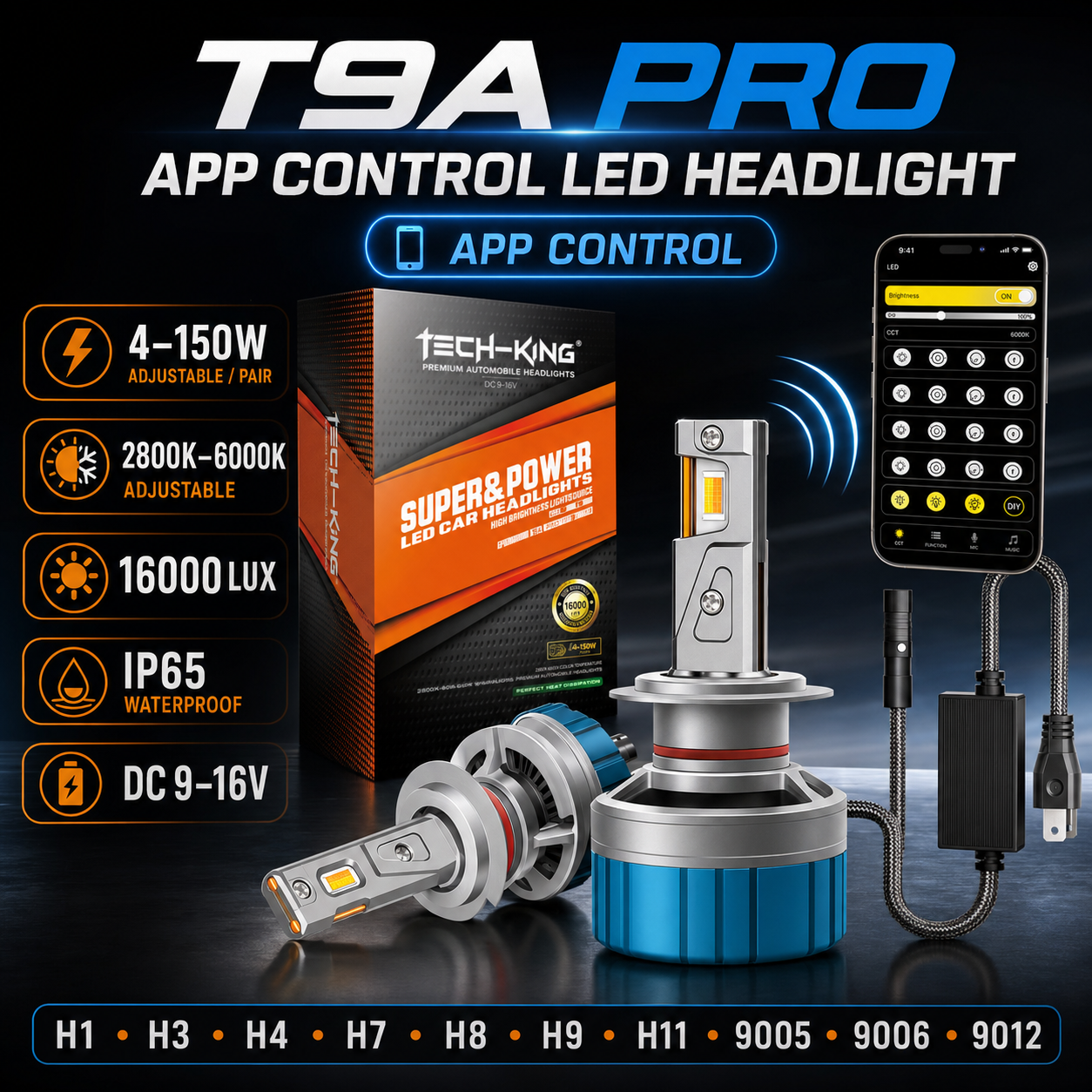 TECH KING T9A Pro LED Headlight With Apps (150W)
