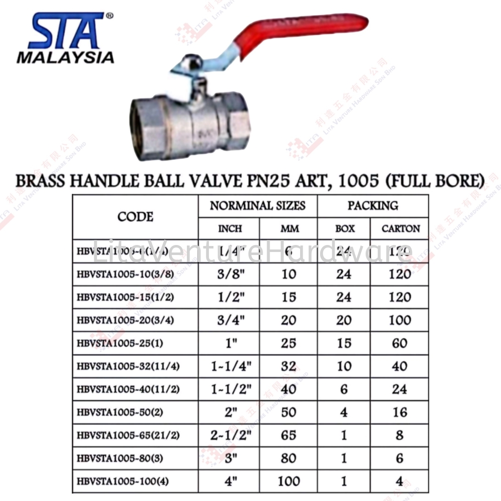 STA BRAND BRASS HANDLE BALL VALVE PN25 ART 1005 - HBVSTA1005614 HBVSTA10051038 HBVSTA10051512 HBVSTA10052034 HBVSTA1005251 HBVSTA100532114 HBVSTA100540112 HBVSTA1005502 HBVSTA100565212 HBVSTA1005803 HBVSTA10051004