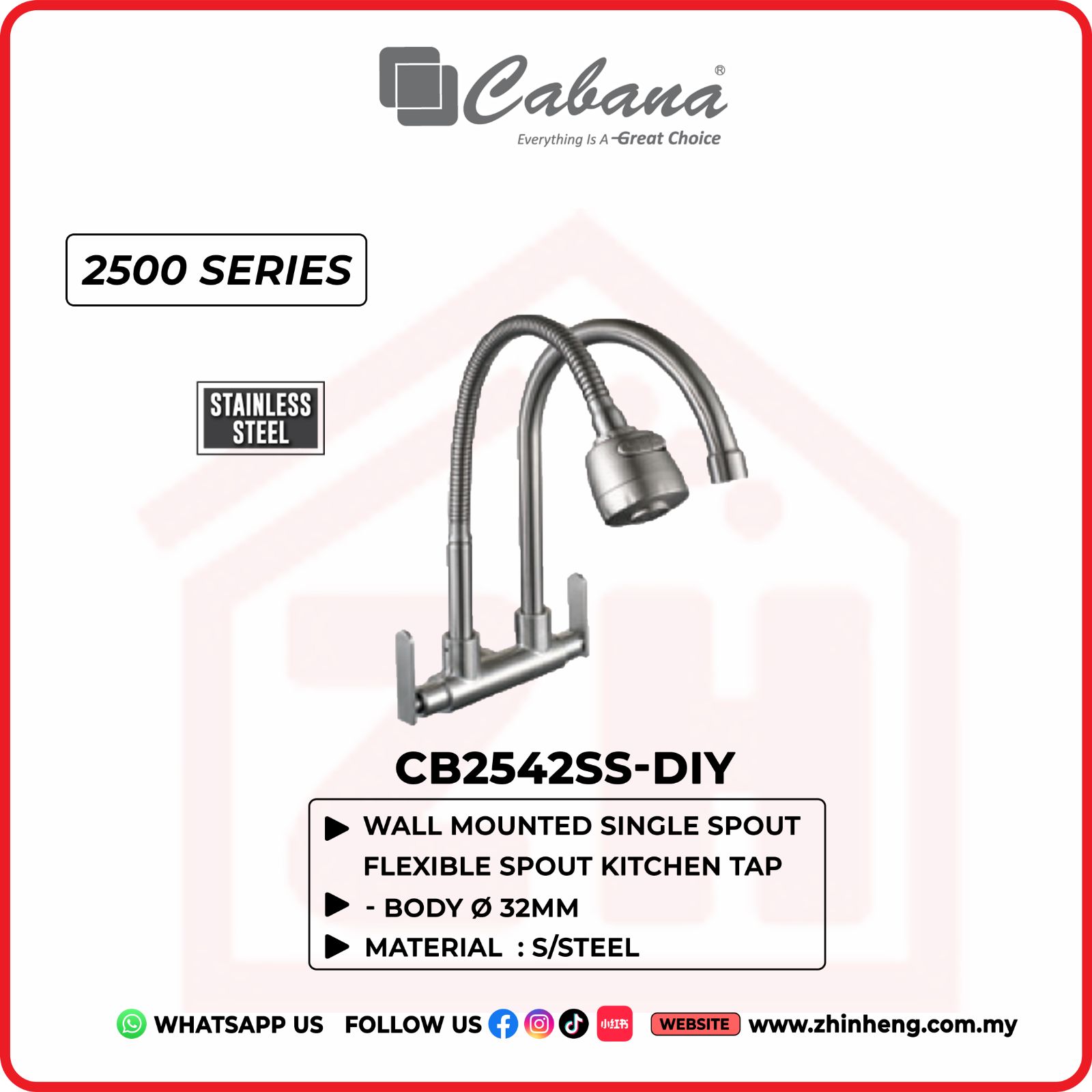 CABANA Wall Mounted Single Spout + Flexible Spout Kitchen Tap CB2542SS-DIY