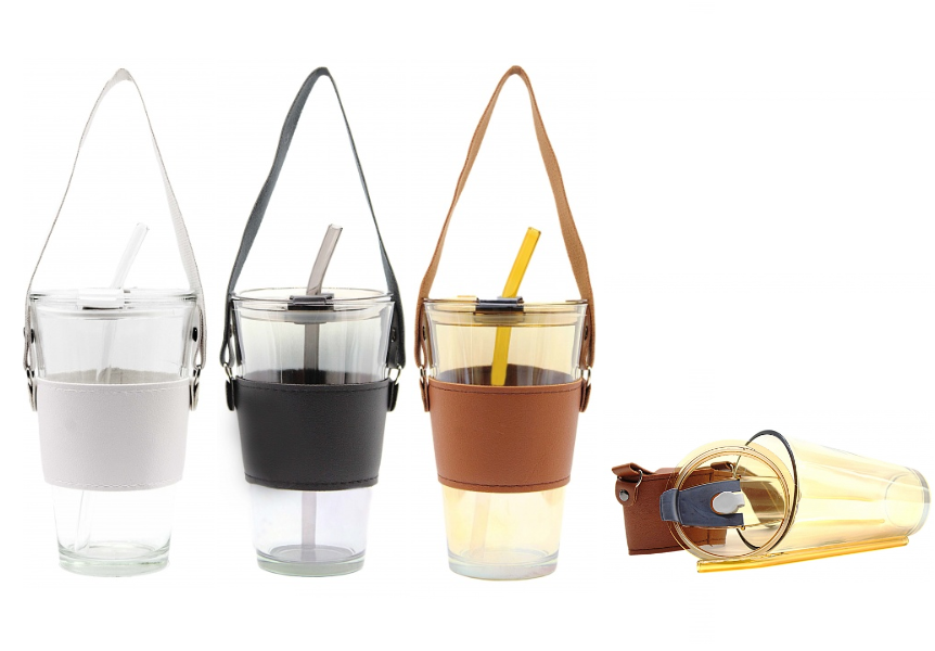 GLASS CUP WITH STRAW & HANDLE