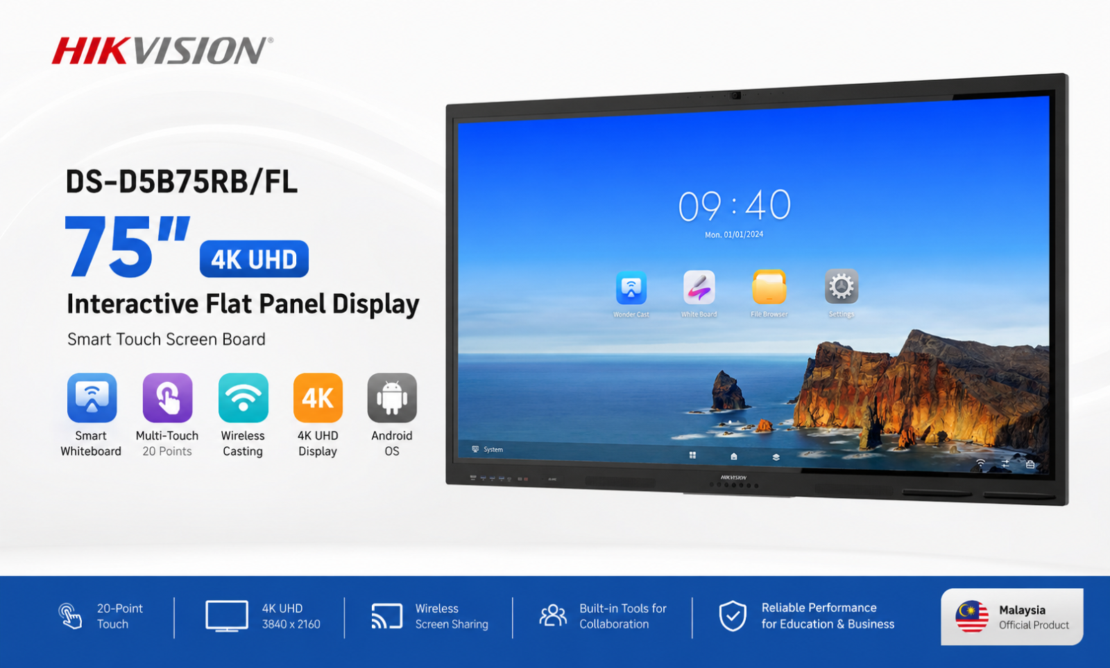 Hikvision DS-D5B75RB/FL 75-Inch 4K Interactive Flat Panel Display | Smart Touch Screen Board Malaysia